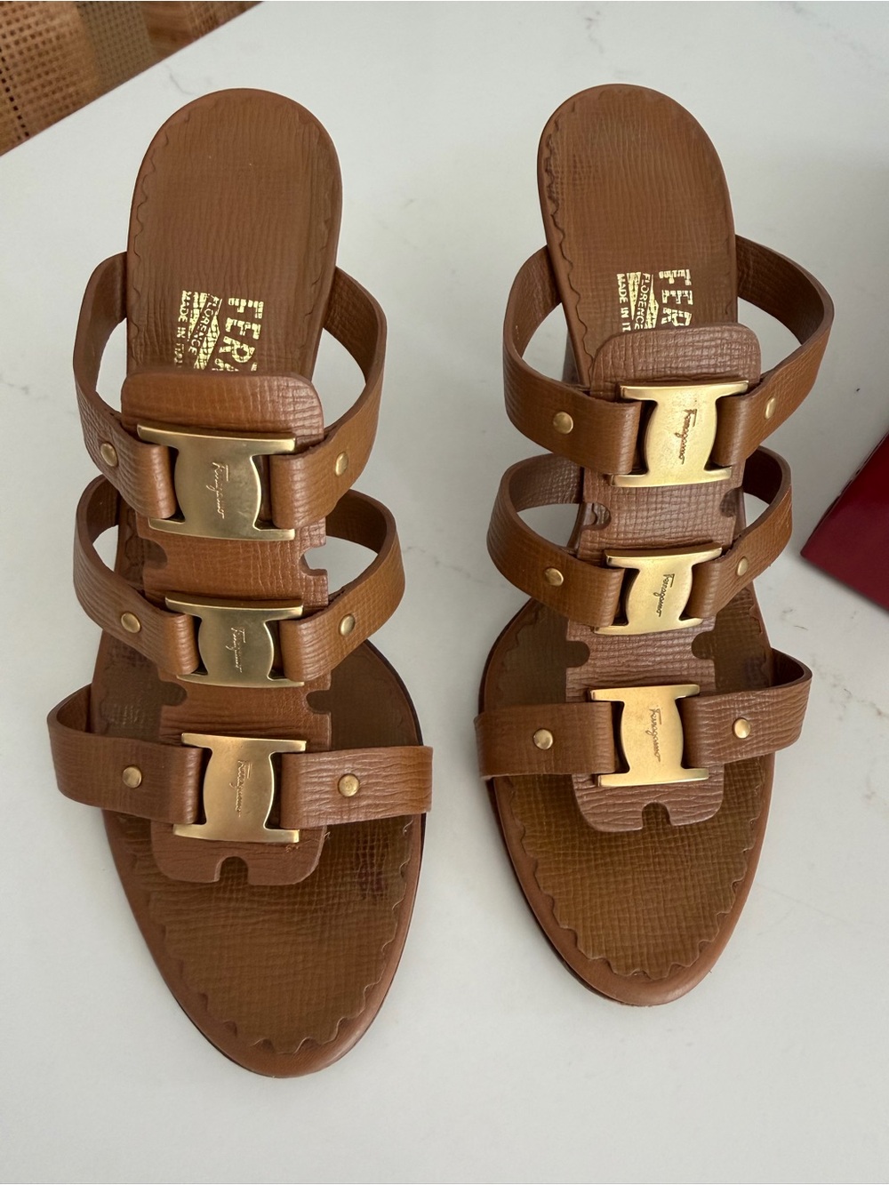 Salvatore Ferragamo Brown Leather Slide Sandals